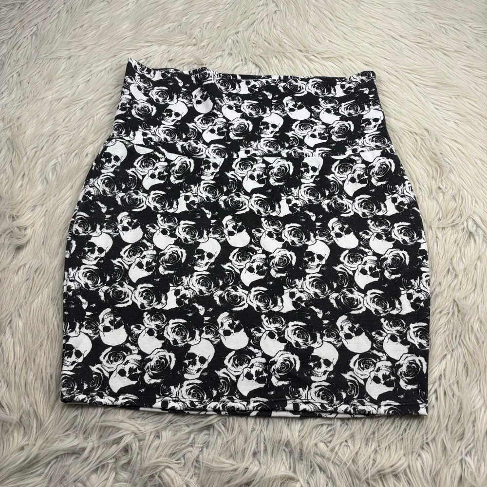 Teenage Runaway Women's XL Black White Skull Rose Print Knit Pencil Skirt Goth